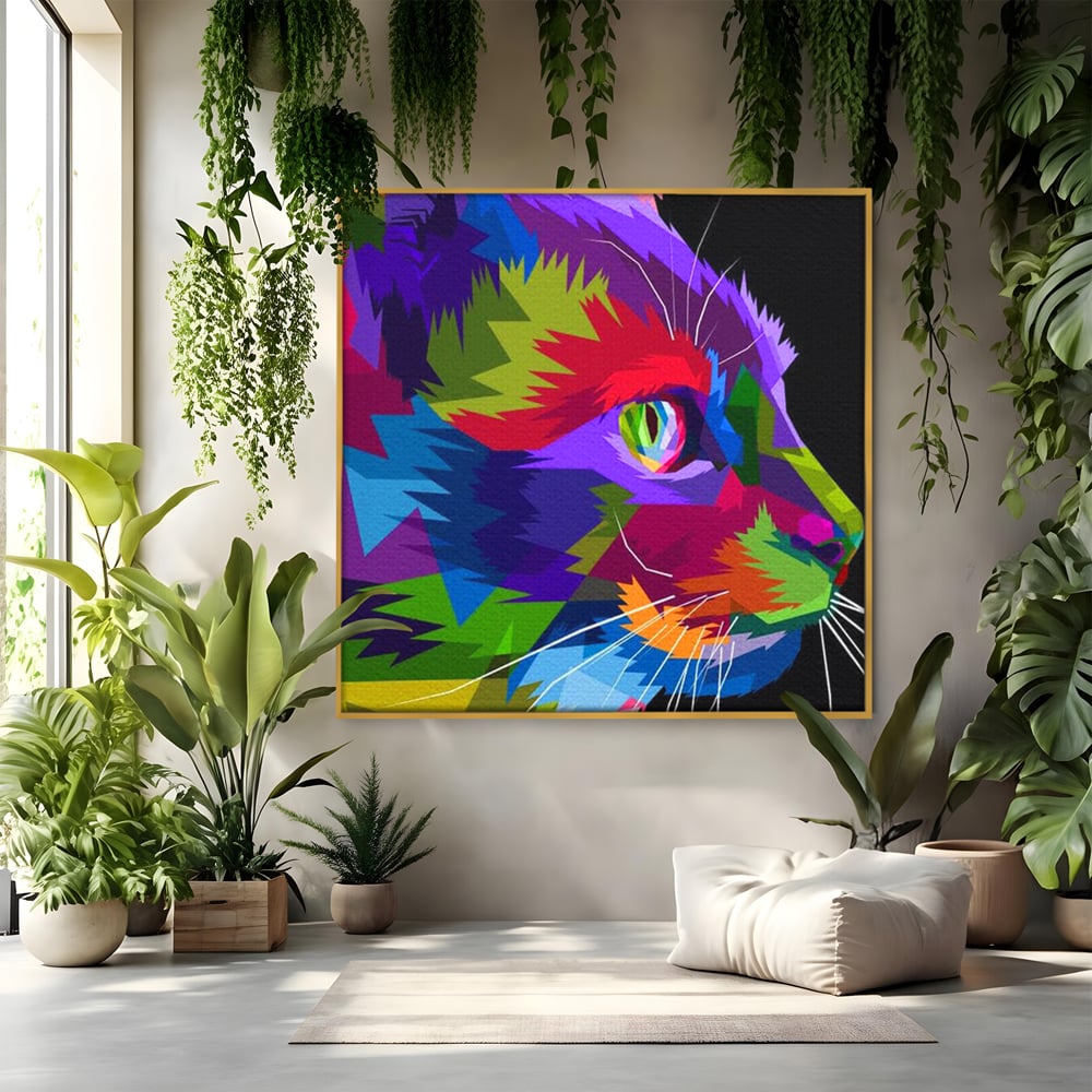 Tablou canvas cu tablou canvas cu pisica pop art, in rama de aluminiu auriu